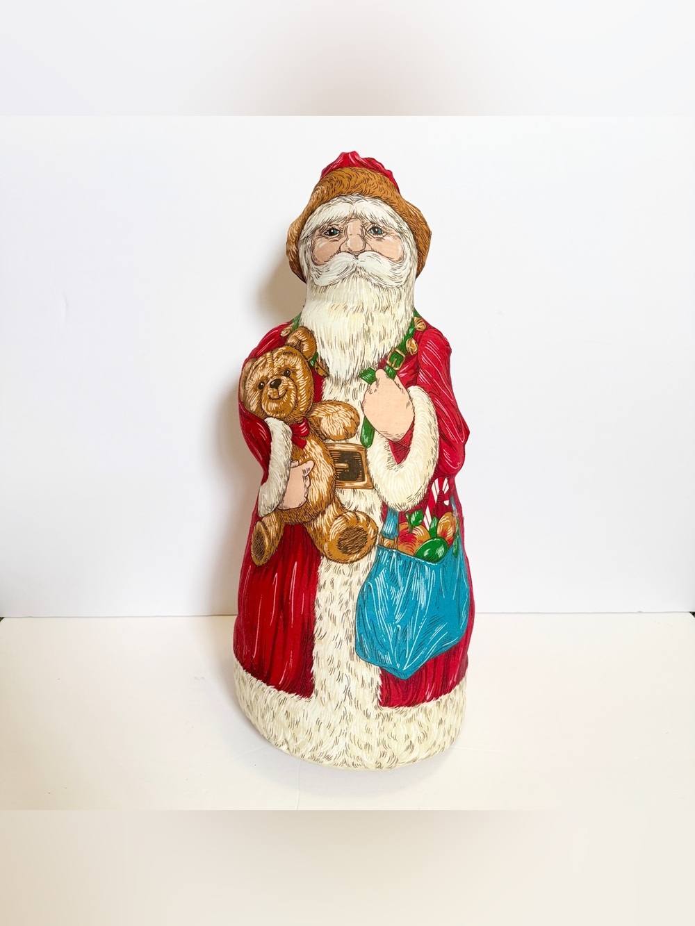Vintage Handcrafted Santa with Teddy Bear & Toy Sack — Weighted Doorstop